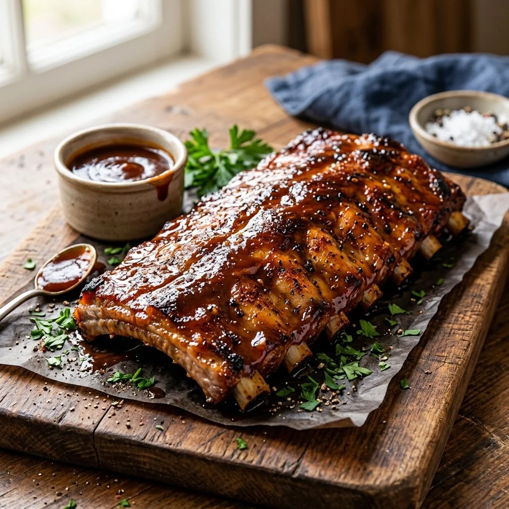 Delicious Air Fryer BBQ Ribs served on a platter with sauce