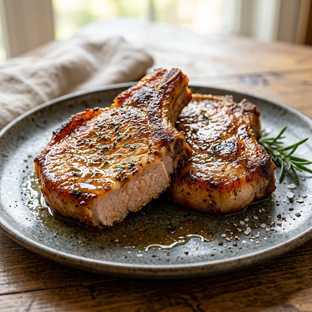 Juicy air fryer pork chops served with herbs and spices