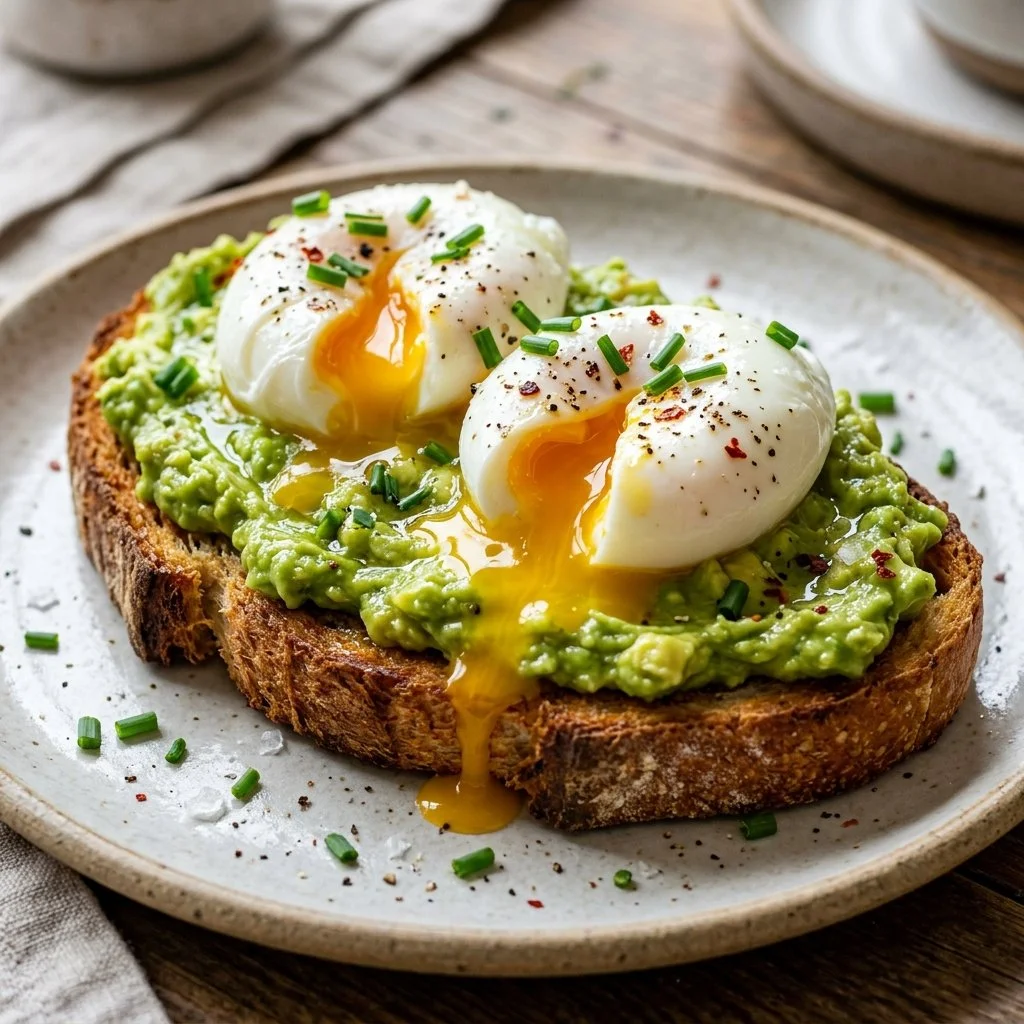 Delicious Avocado Egg Toast topped with poached eggs and spices.