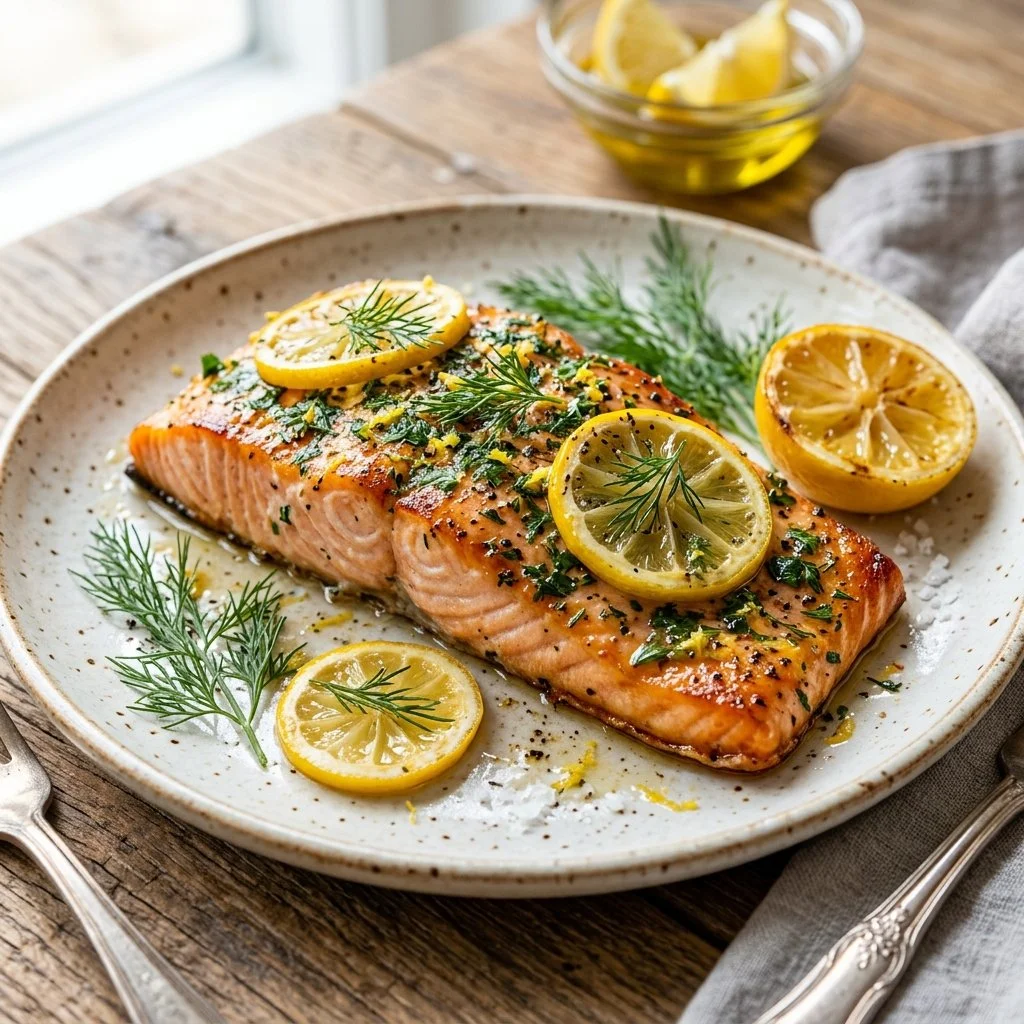 Baked Lemon Herb Salmon Fillet garnished with fresh herbs and lemon slices
