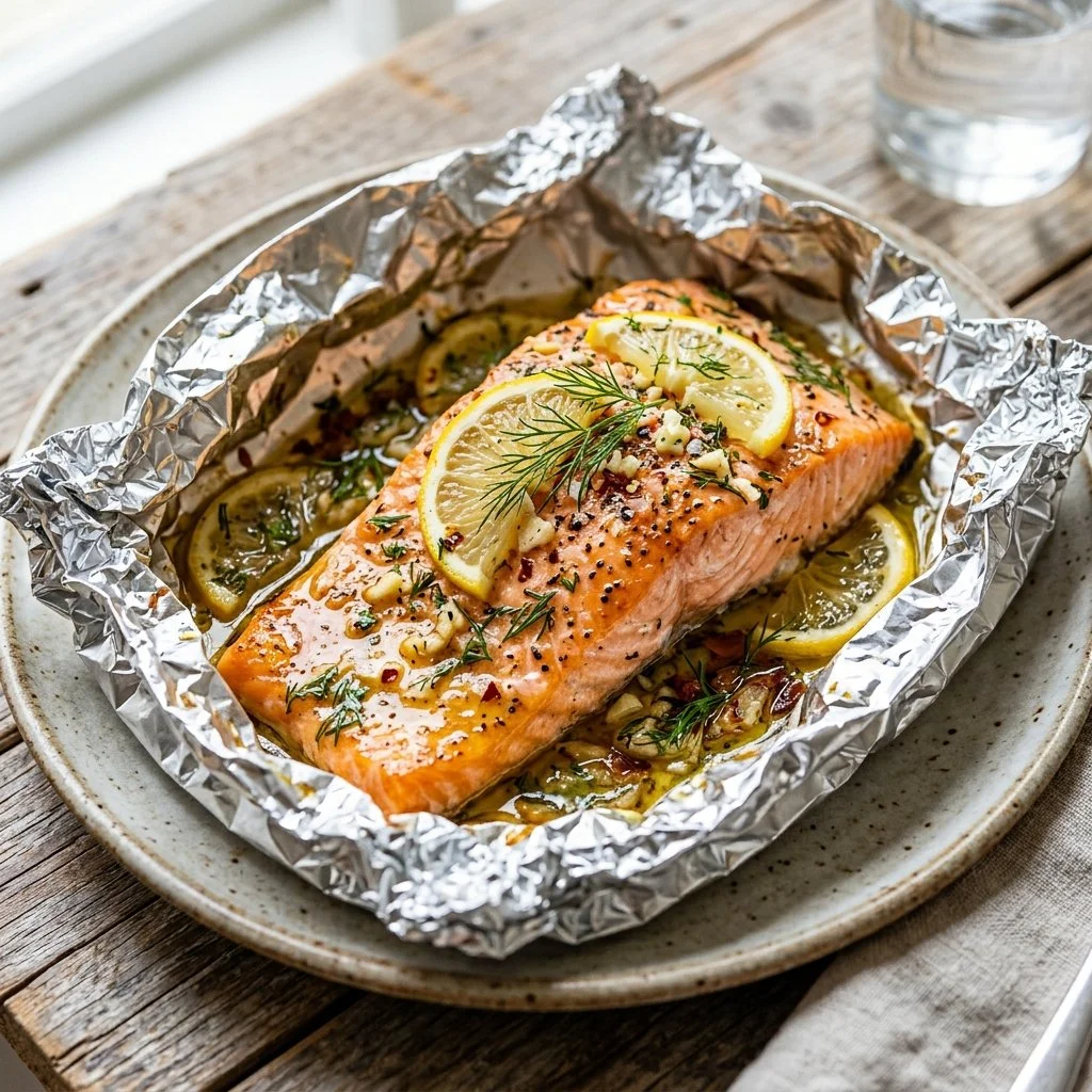 Baked salmon packets with herbs and vegetables ready for cooking