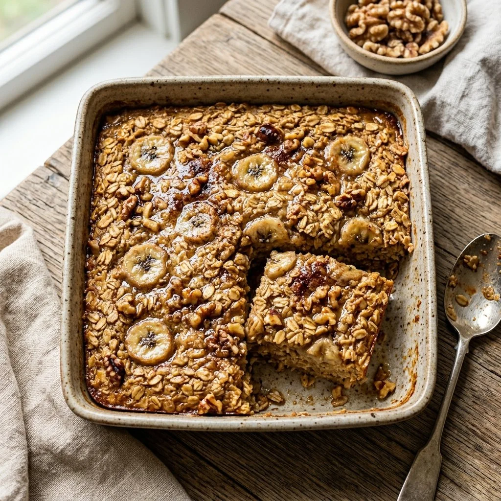 Delicious banana bread baked oatmeal topped with banana slices and nuts.
