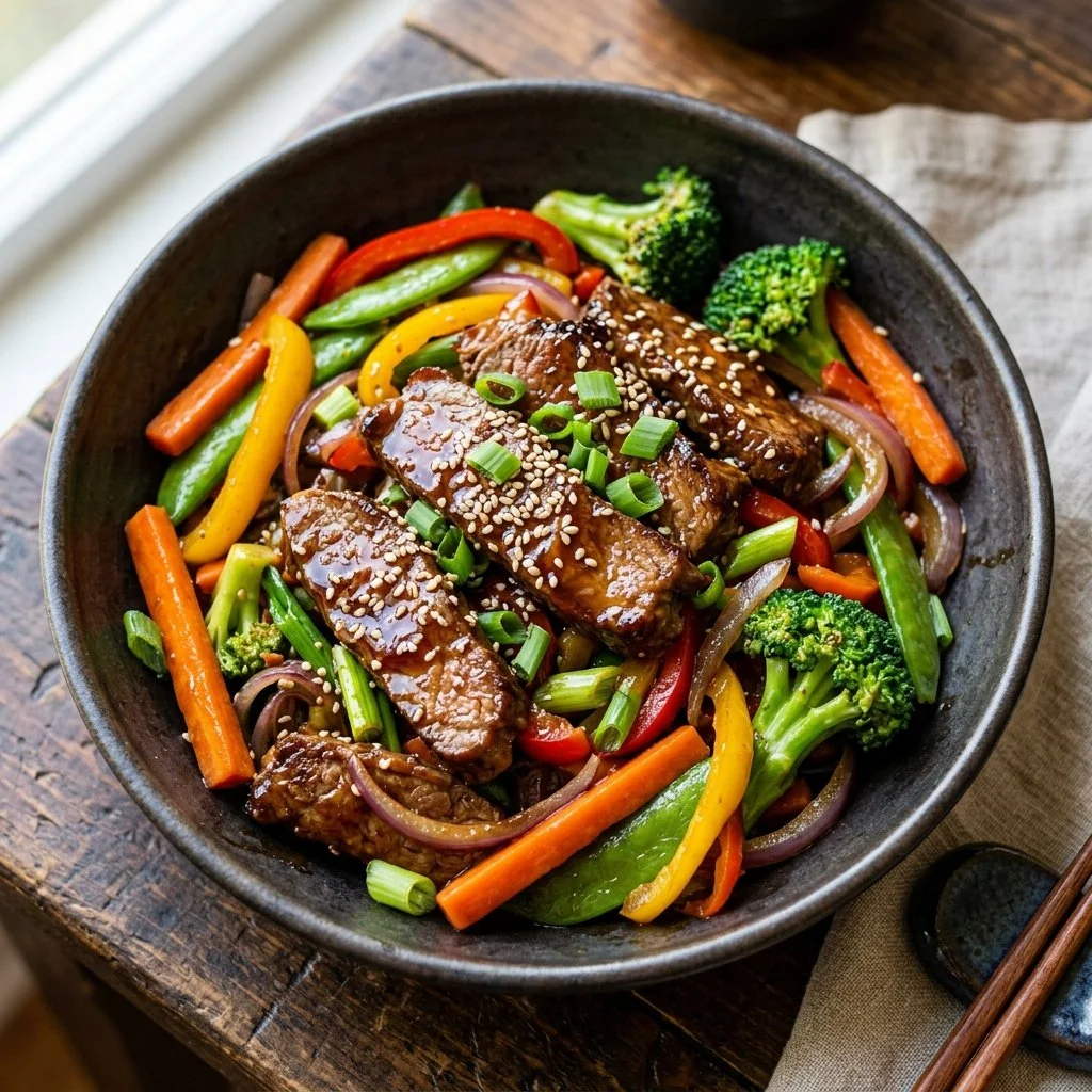 Beef teriyaki stir fry with tender beef, vegetables, and savory sauce