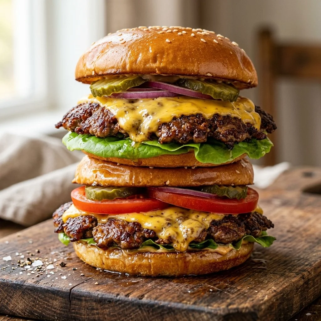Delicious homemade smash burgers on a grill with toppings