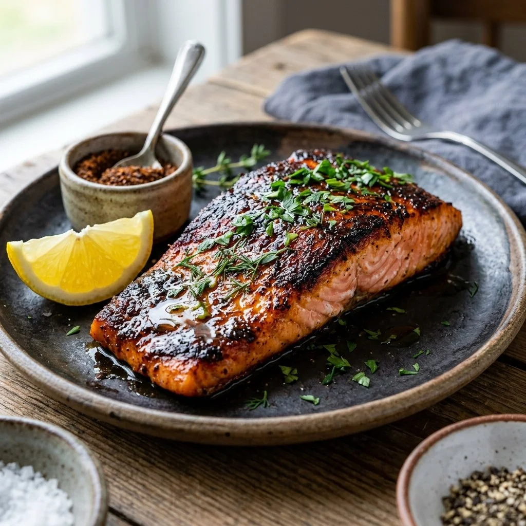 Plate of blackened salmon fillets garnished with herbs and lemon slices.