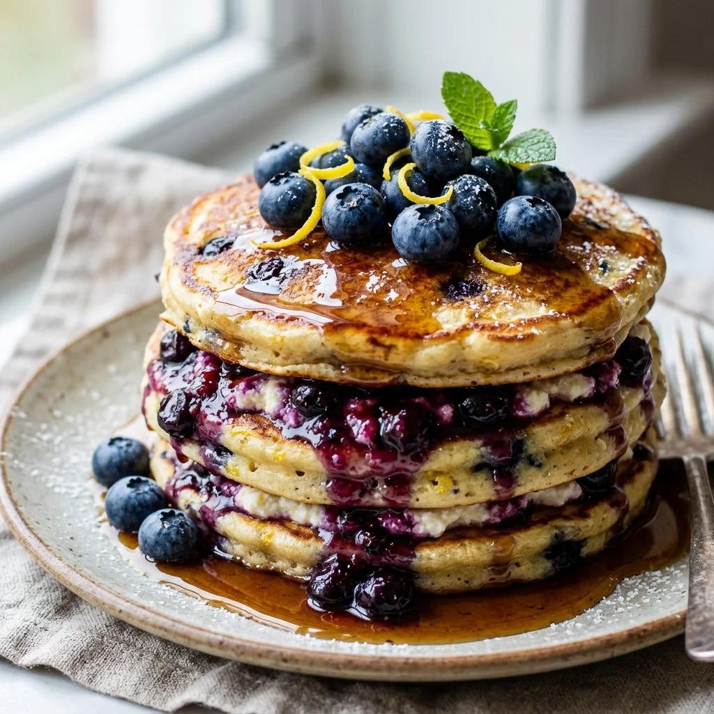 Blueberry lemon ricotta pancakes served with fresh berries and syrup.