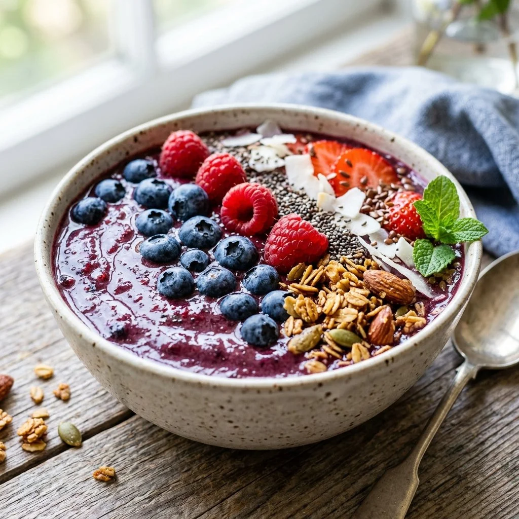 Colorful breakfast berry smoothie bowl topped with fresh berries and granola