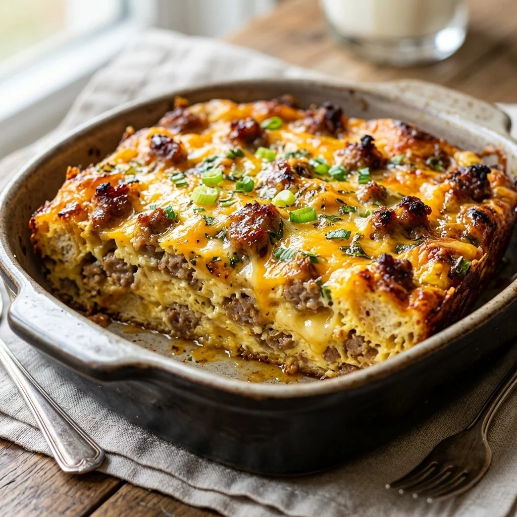 A delicious breakfast sausage egg casserole topped with cheese and herbs.