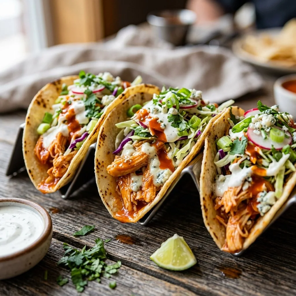 Delicious buffalo chicken tacos served with fresh toppings and a side of ranch dressing