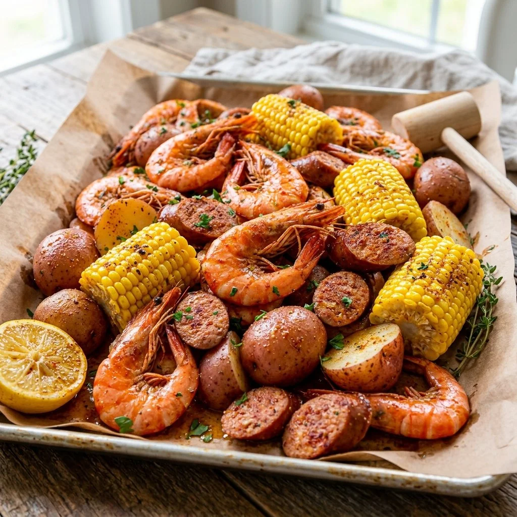 Delicious Cajun Shrimp Boil served on a festive table with corn and potatoes.