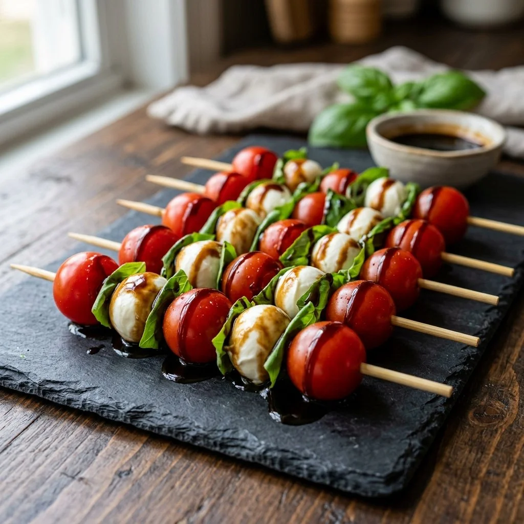 Delicious Caprese Skewers with fresh mozzarella, tomatoes, and a balsamic glaze drizzle.