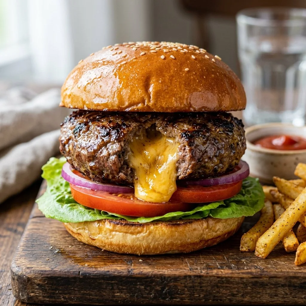 Delicious cheesy stuffed burgers grilling on a barbecue