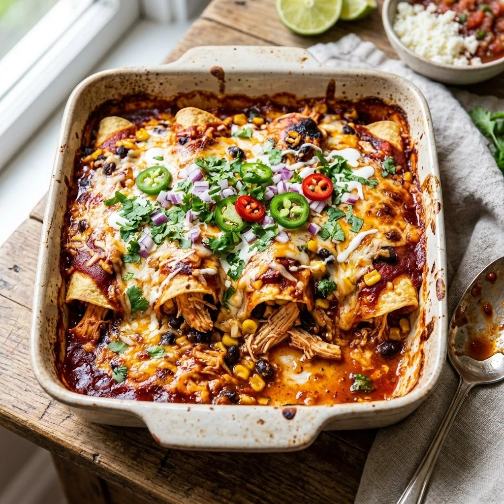 Delicious Chicken Enchilada Bake topped with cheese and fresh ingredients