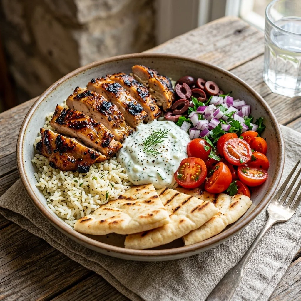 Delicious Chicken Gyro Bowl with fresh ingredients and savory sauces