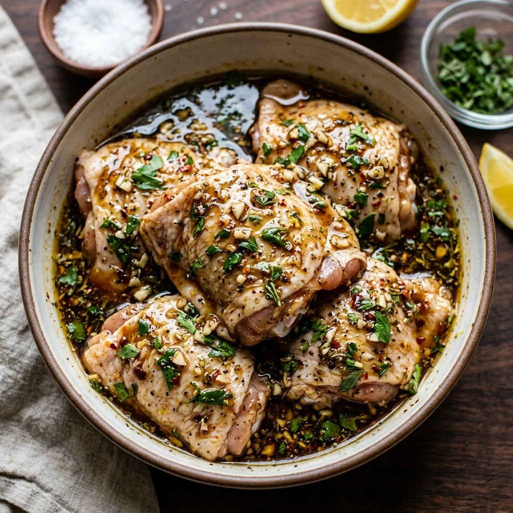Delicious chicken thighs marinated for grilling or baking