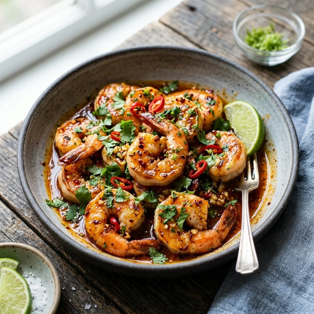 Delicious Chili Lime Shrimp dish with vibrant colors and garnishes.