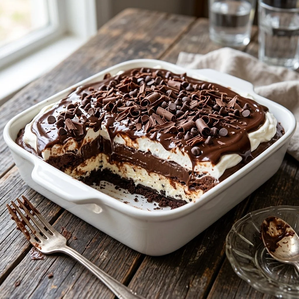 Delicious chocolate lasagna dessert recipe with layers of creamy chocolate and cookie crust.
