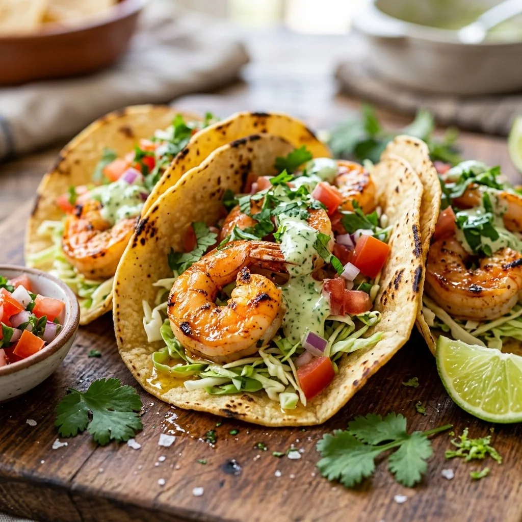 Cilantro lime shrimp tacos served with fresh ingredients and garnished.