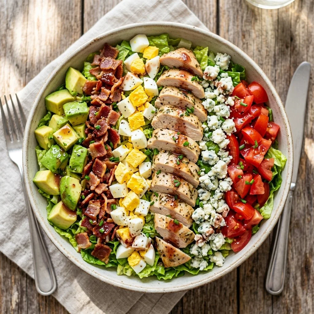 Fresh and colorful Cobb Salad with lettuce, chicken, avocado, and bacon