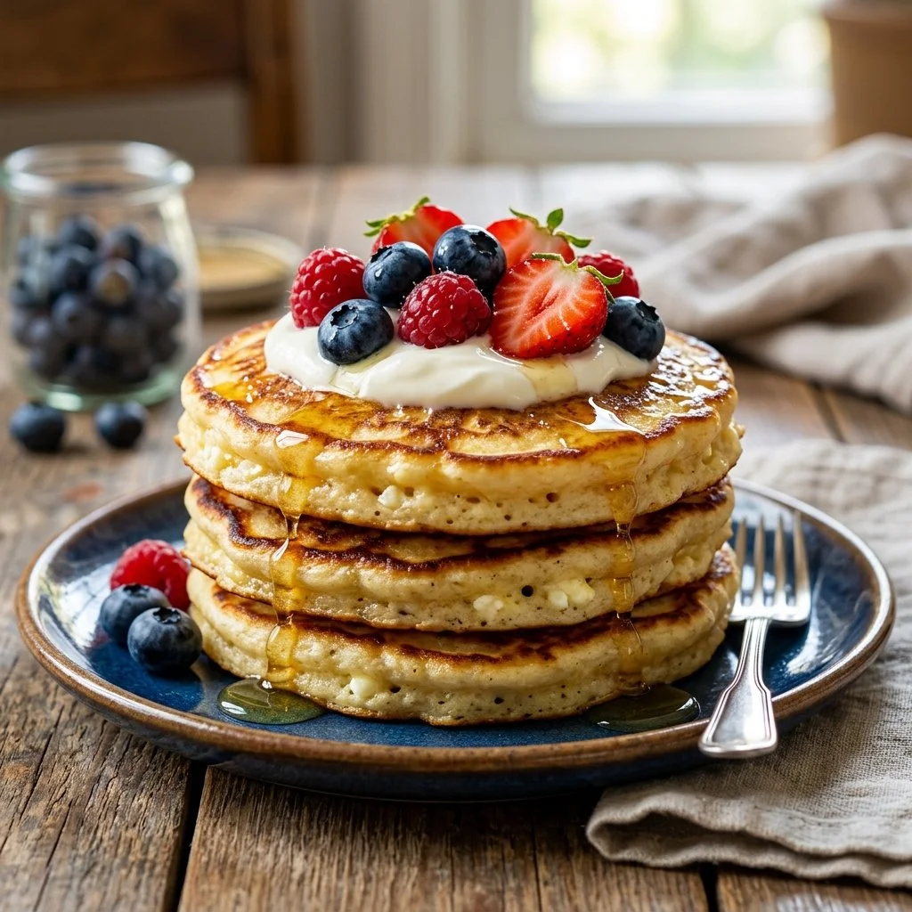 Fluffy cottage cheese pancakes topped with fresh fruits and syrup