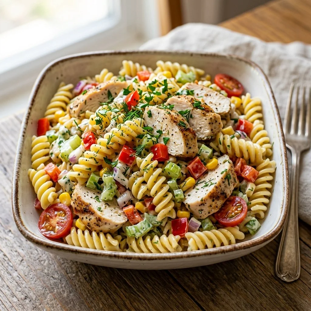 Creamy chicken pasta salad with vegetables and herbs in a bowl