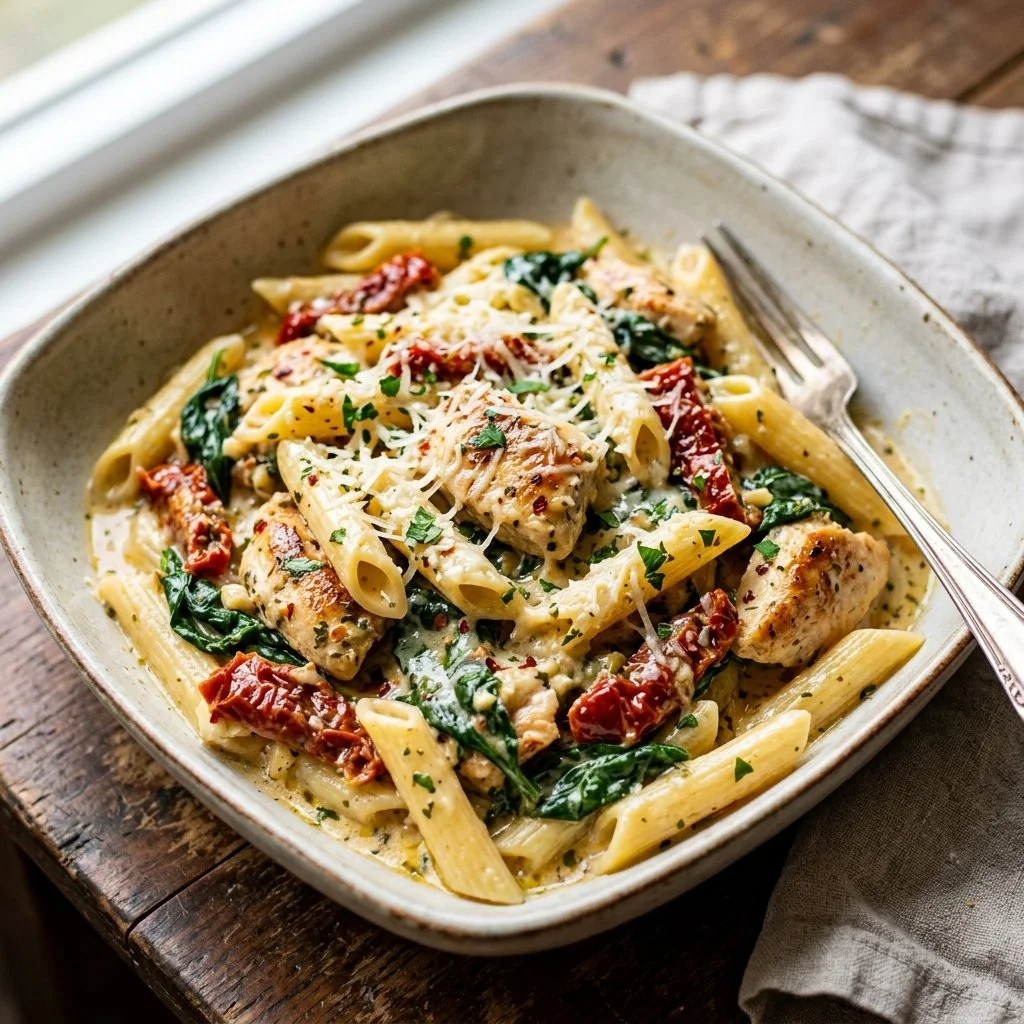 Delicious creamy Tuscan chicken pasta garnished with fresh herbs and tomatoes.