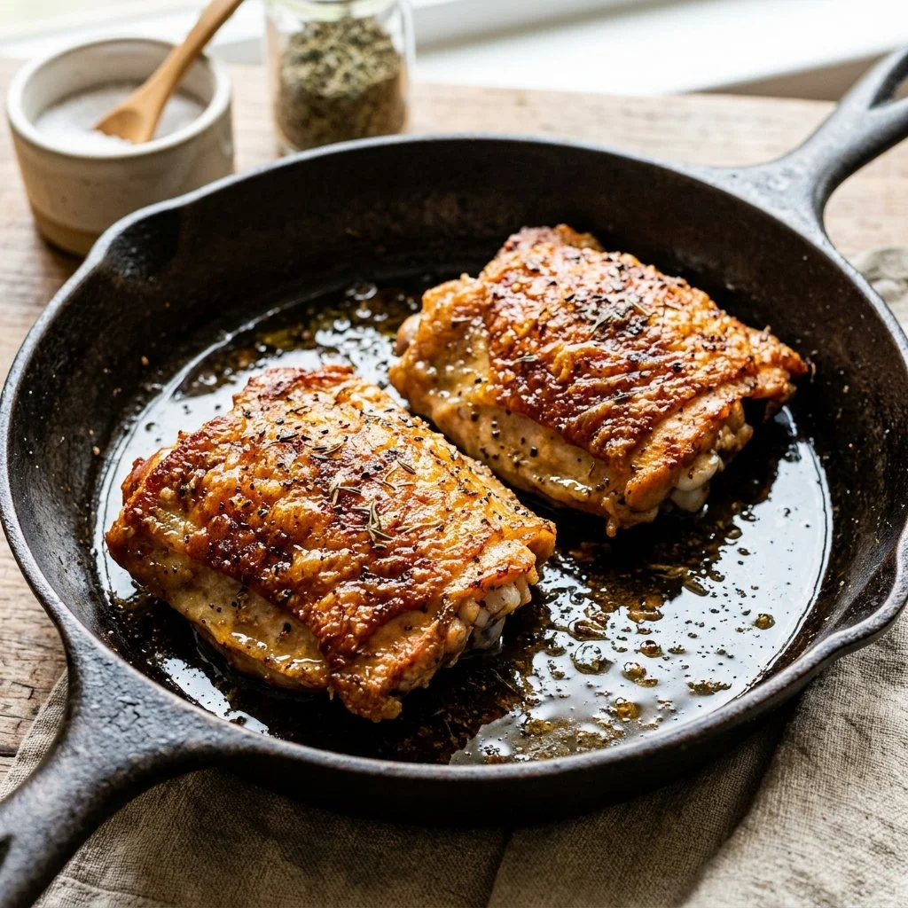 Golden brown crispy chicken thighs served on a plate