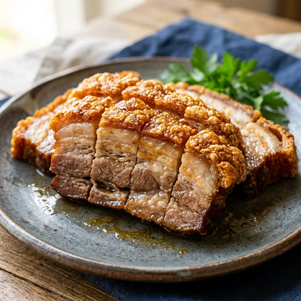Delicious crispy pork belly served with herbs and spices