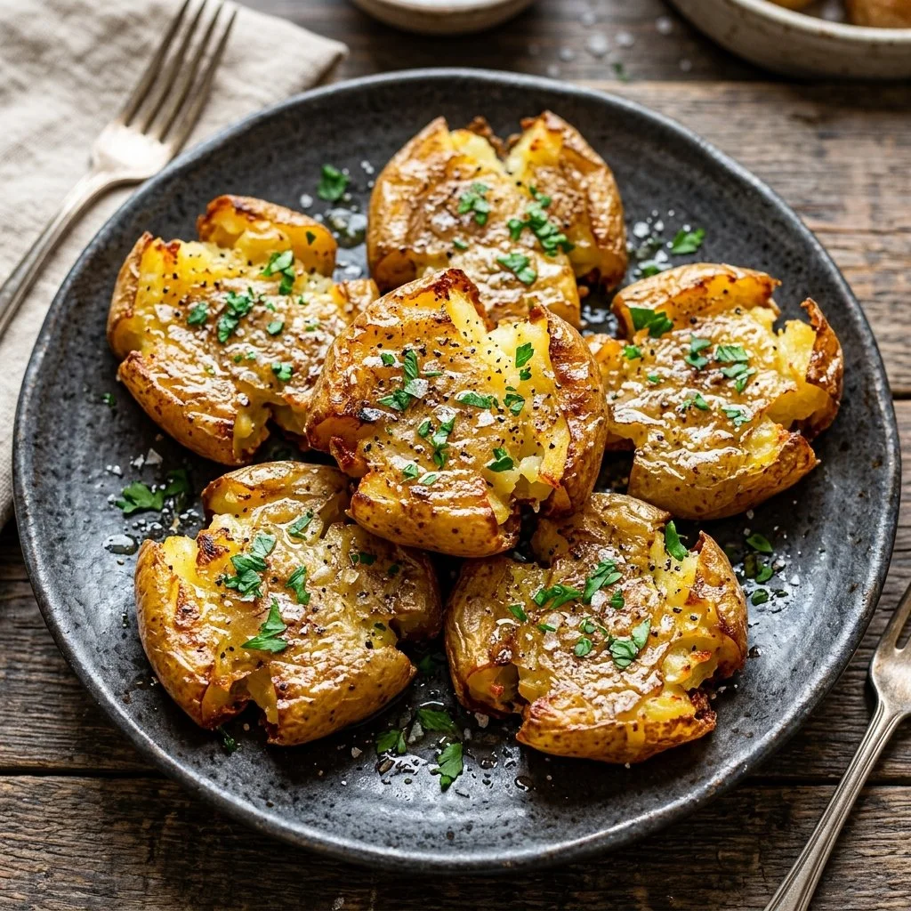 Crispy smashed potatoes served on a plate with herbs and spices