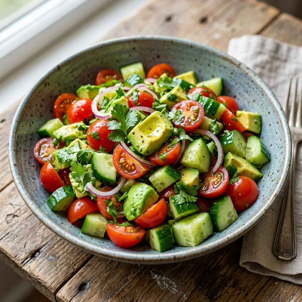 Delicious Cucumber Tomato Avocado Salad served in a bowl with fresh ingredients
