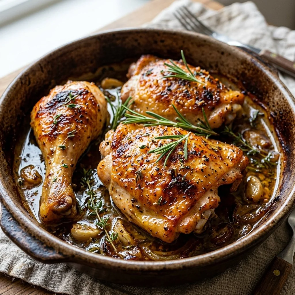 Delicious easy baked chicken served on a plate with herbs and spices