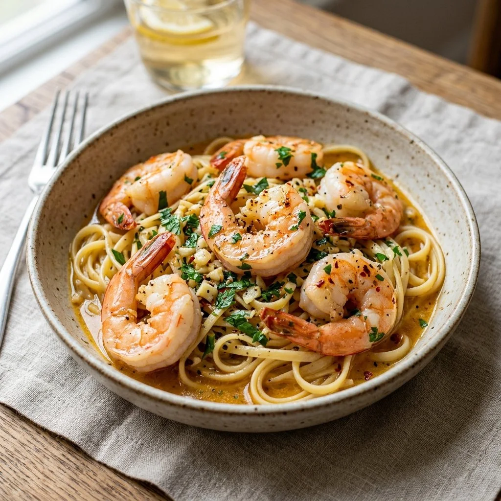 Delicious plate of easy shrimp scampi with garlic and herbs