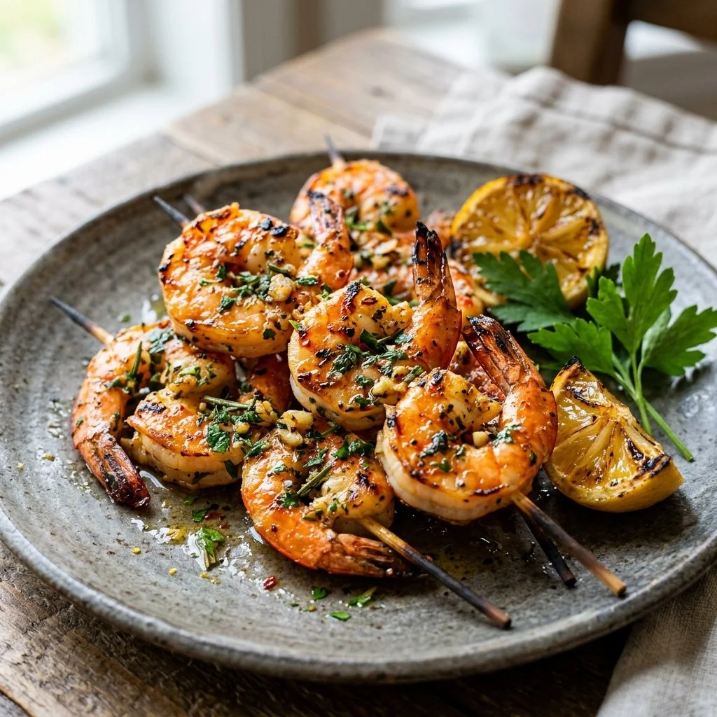 Garlic herb grilled shrimp skewers on the grill, garnished with fresh herbs.