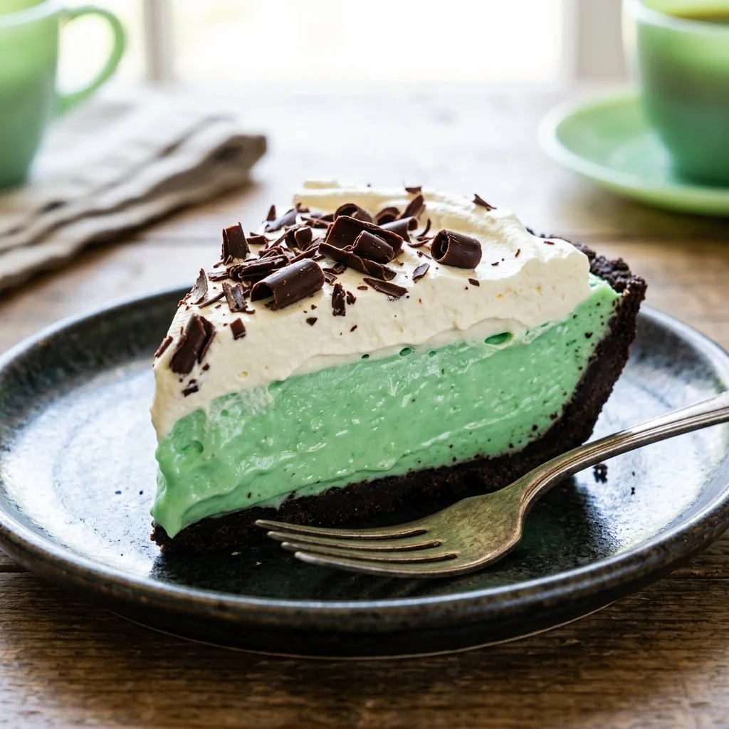 Delicious homemade Grasshopper Pie served on a plate with mint garnish.