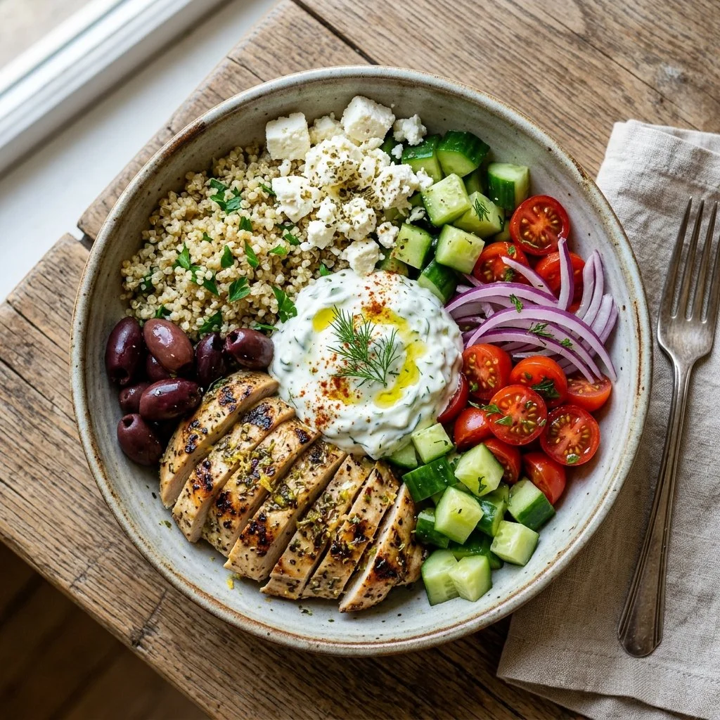 Delicious Greek Chicken Power Bowl with fresh ingredients and vibrant colors