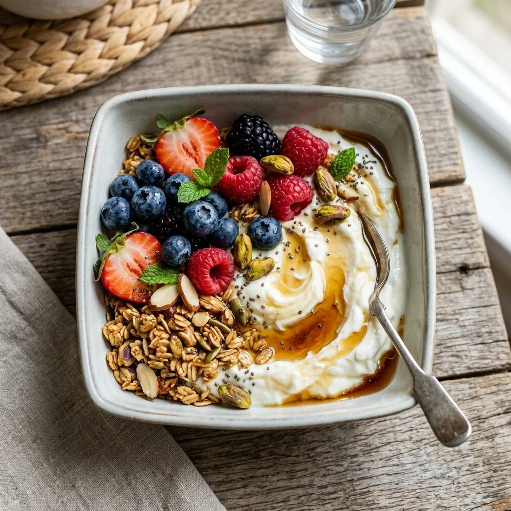 Delicious Greek yogurt bowl topped with fruits and nuts