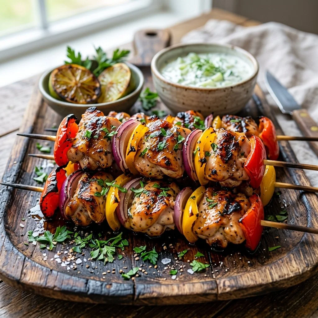 Delicious grilled chicken skewers served with vegetables