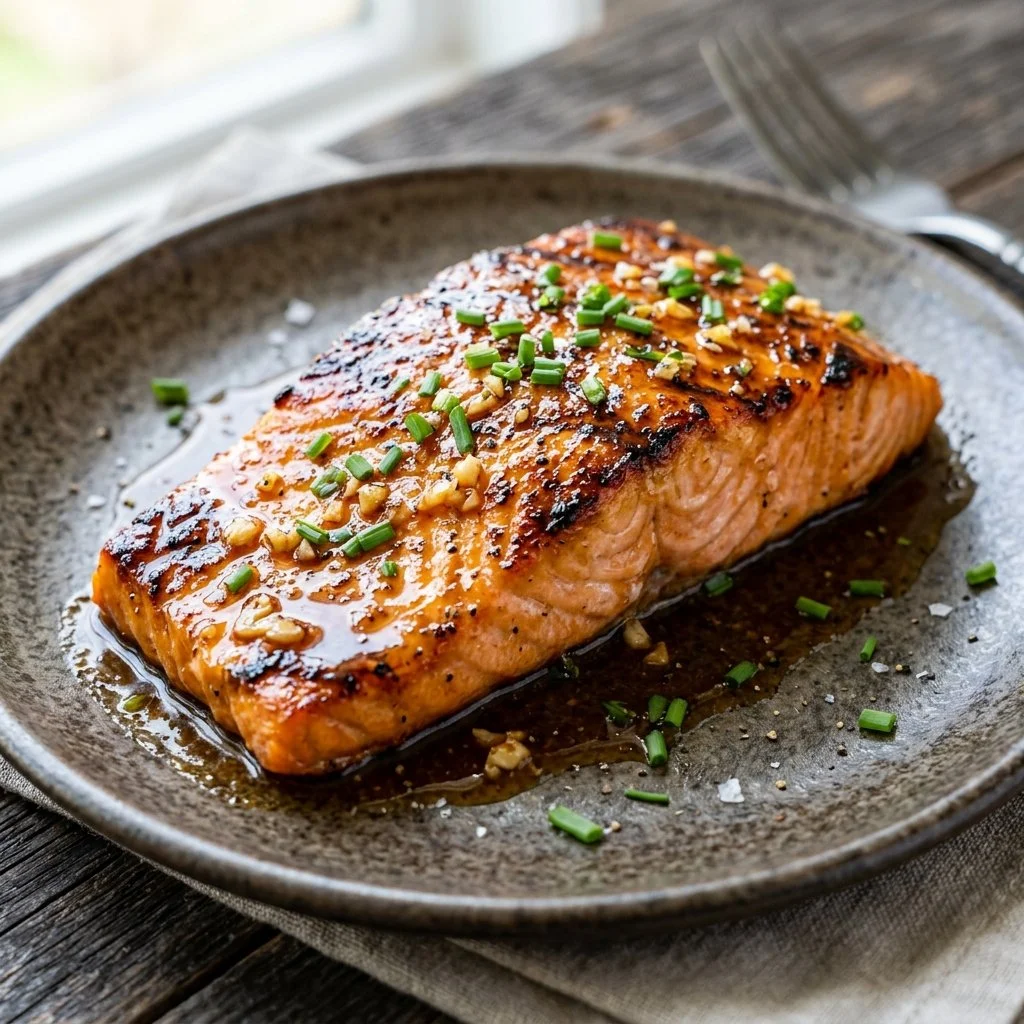 Delicious grilled honey garlic salmon garnished with herbs