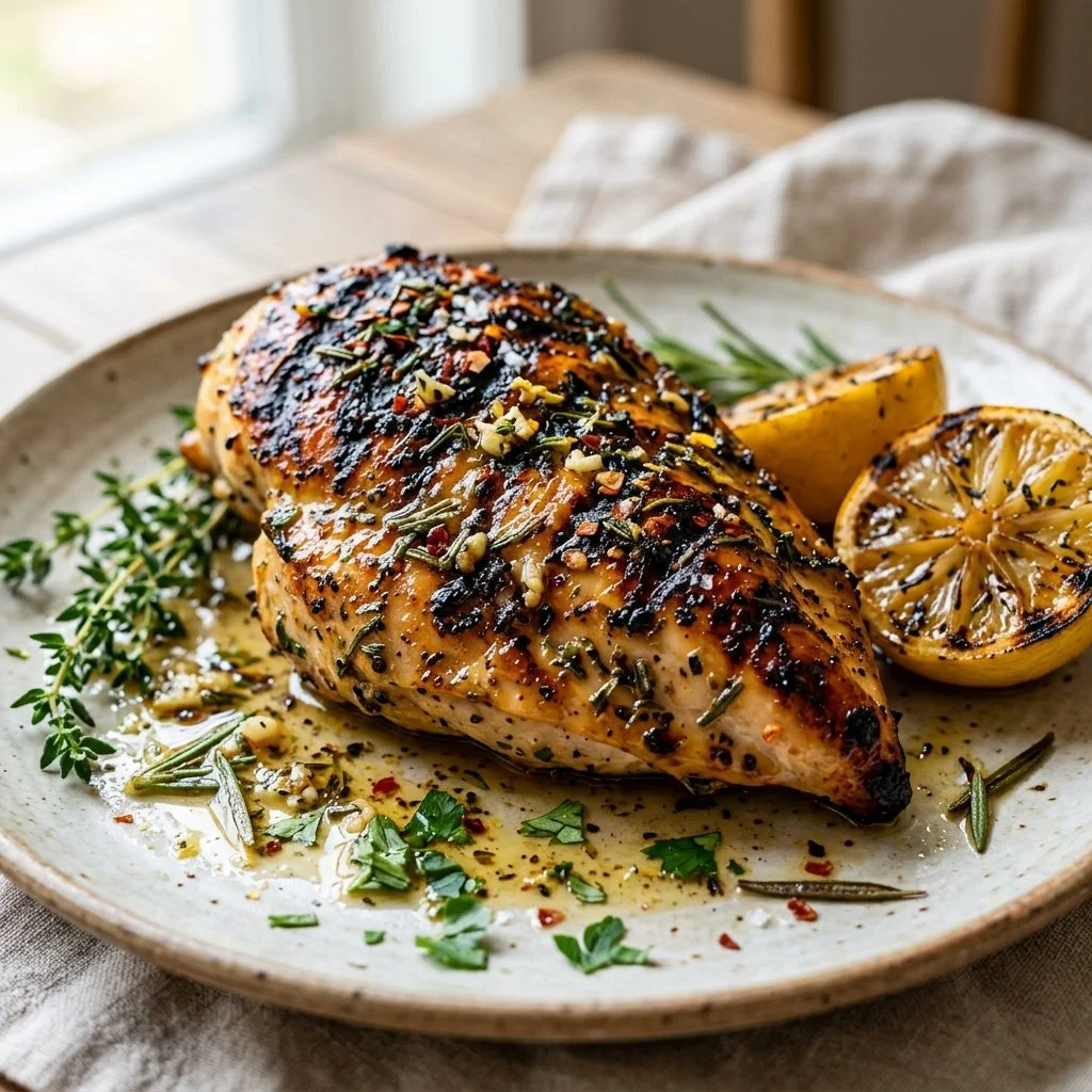Grilled lemon herb chicken garnished with fresh herbs and lemon slices