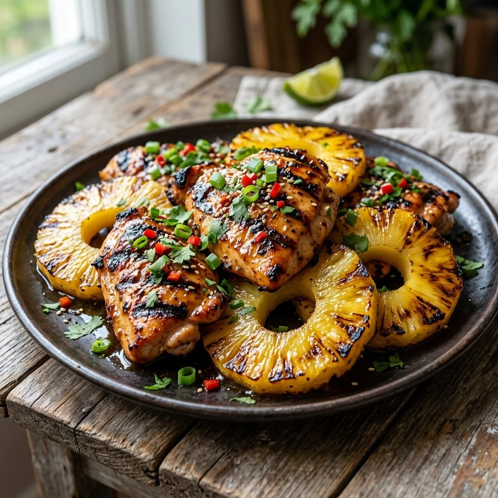 Juicy grilled pineapple chicken served on a plate with fresh herbs