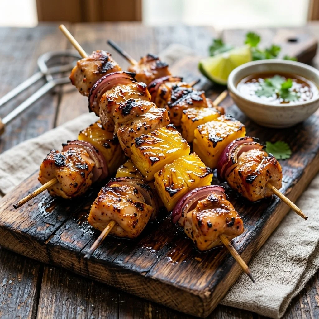 Grilled pineapple chicken skewers on a platter with fresh herbs.