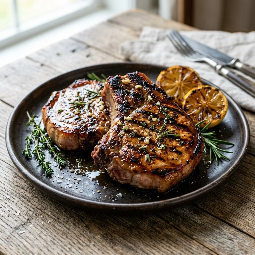 Juicy grilled pork chops served on a BBQ plate with herbs and spices