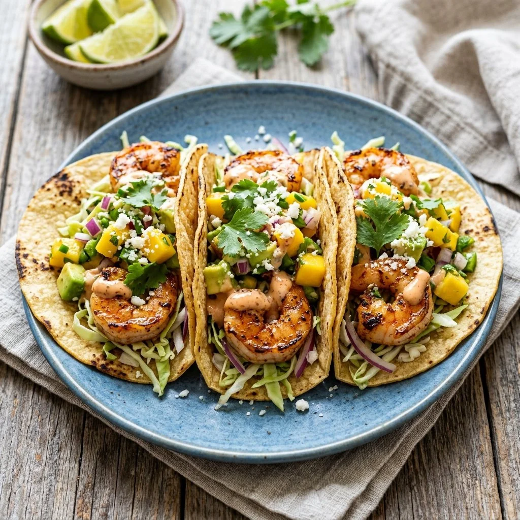 Delicious grilled shrimp tacos served with fresh toppings and lime