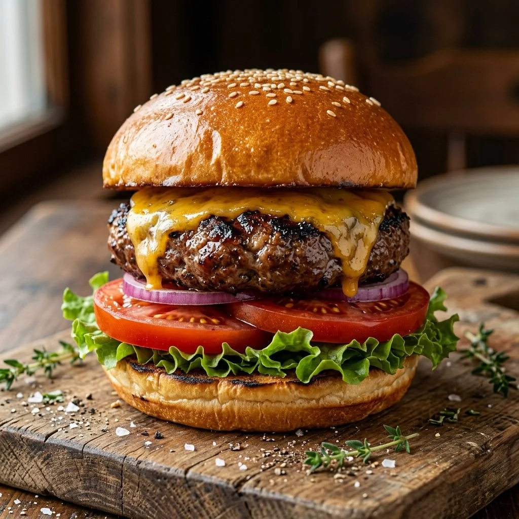 Juicy grilled steakhouse burgers served with fresh toppings