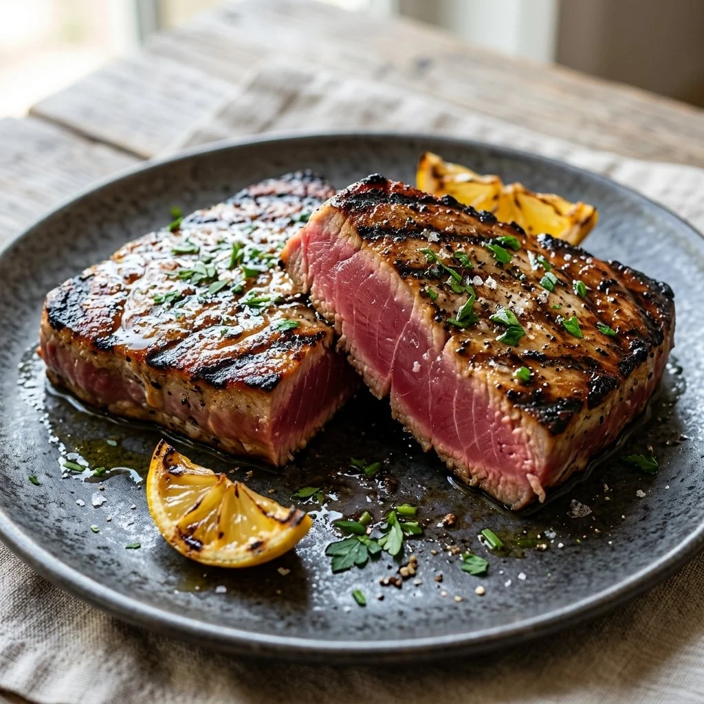 Delicious grilled tuna steaks on a plate garnished with herbs and lemon.