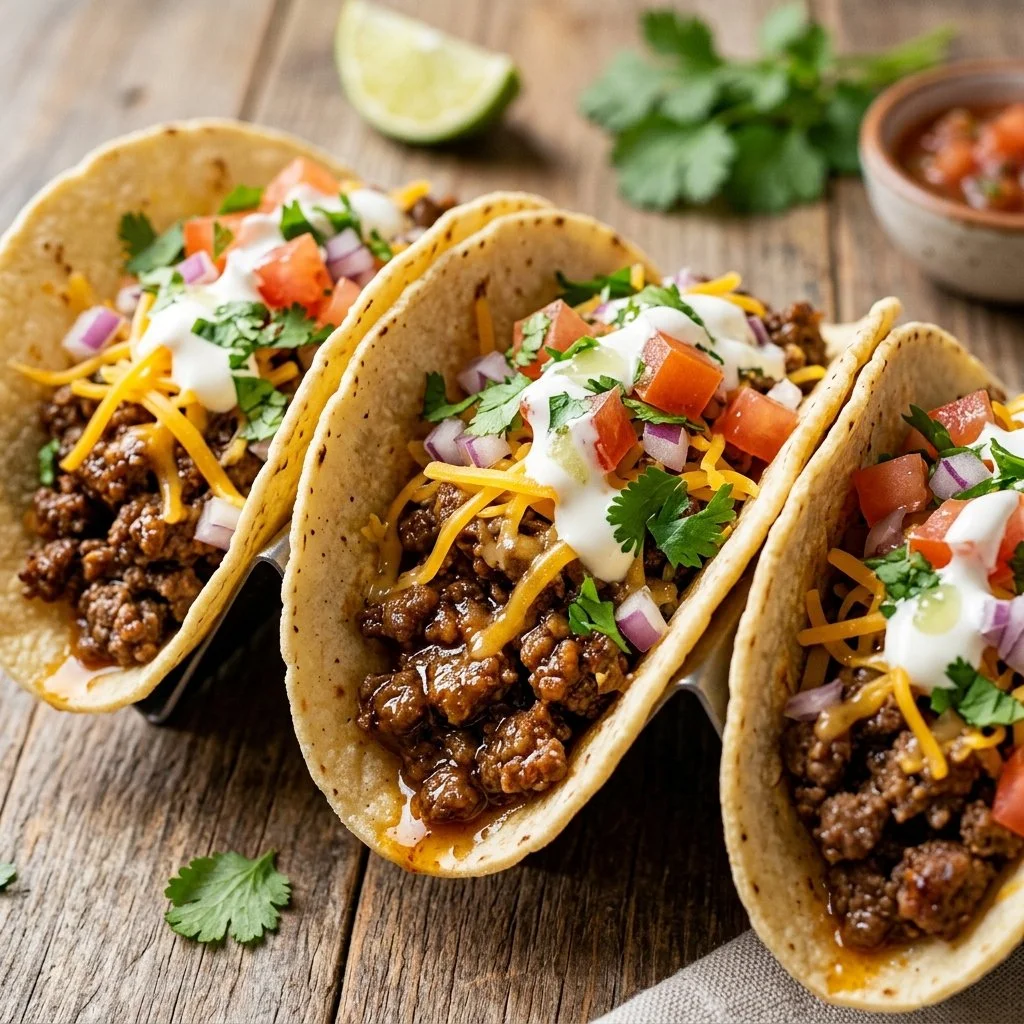 Delicious homemade ground beef tacos served with fresh toppings