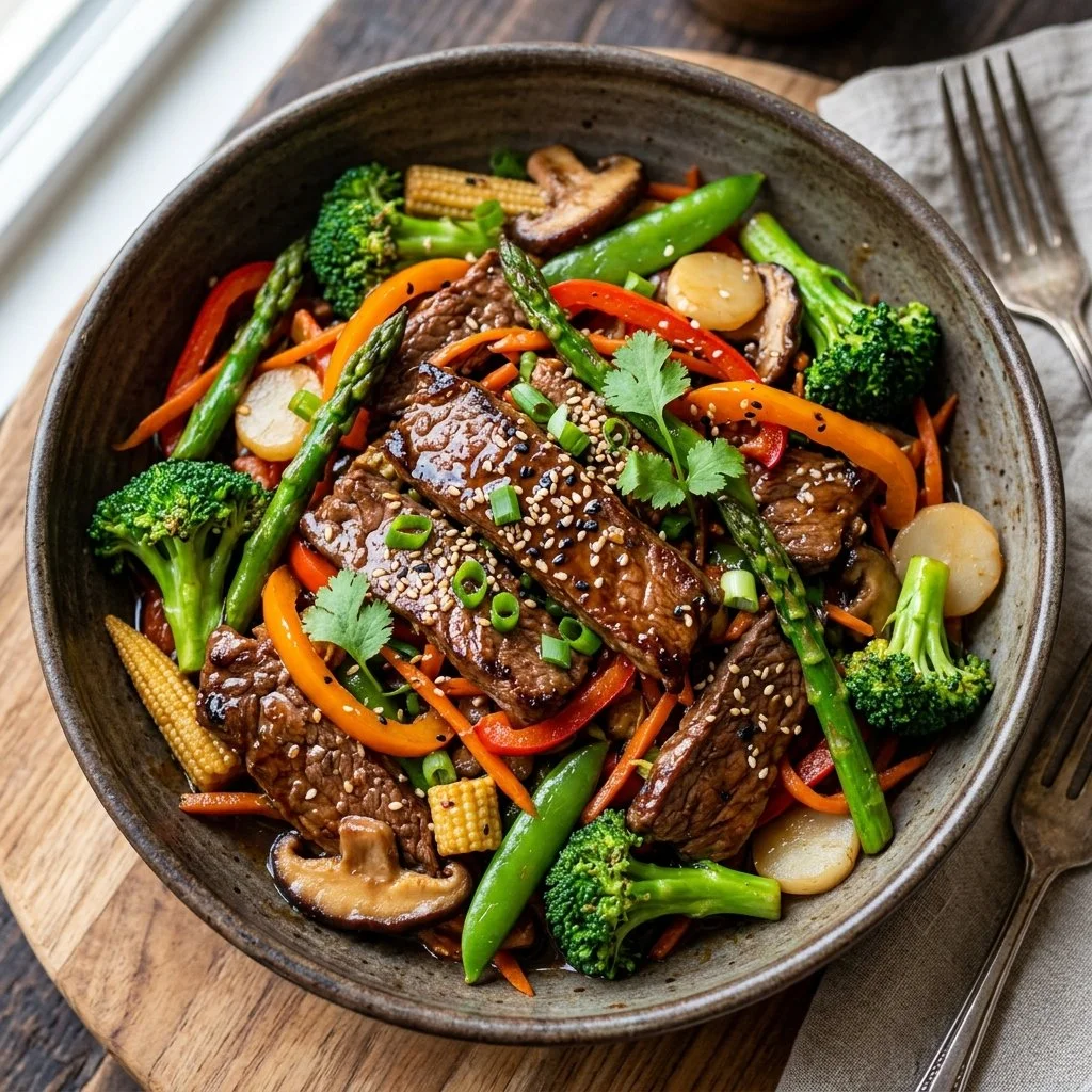 Healthy beef stir fry with vegetables in a colorful dish