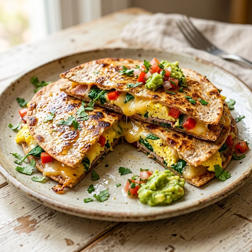 Healthy breakfast quesadilla filled with eggs, veggies, and cheese