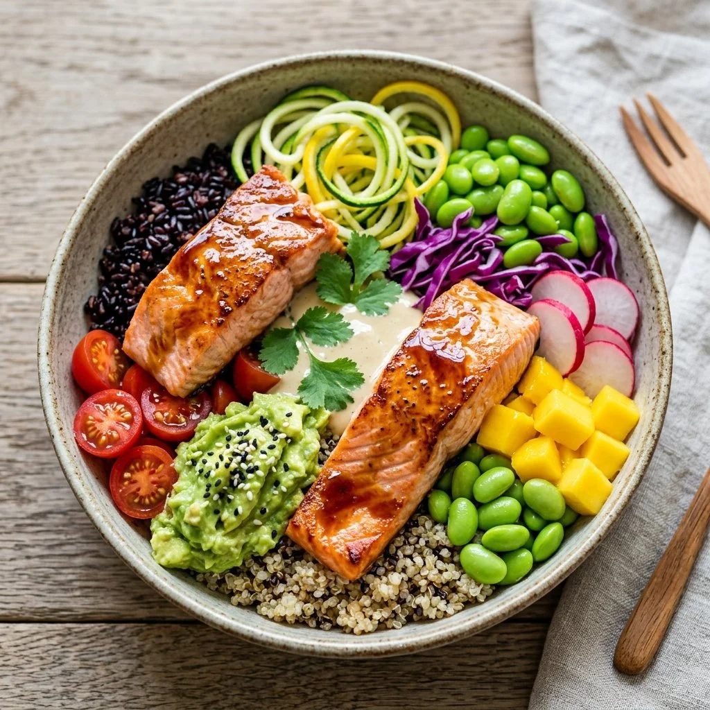 Healthy salmon bowl with fresh vegetables and grains in a Buddha bowl style