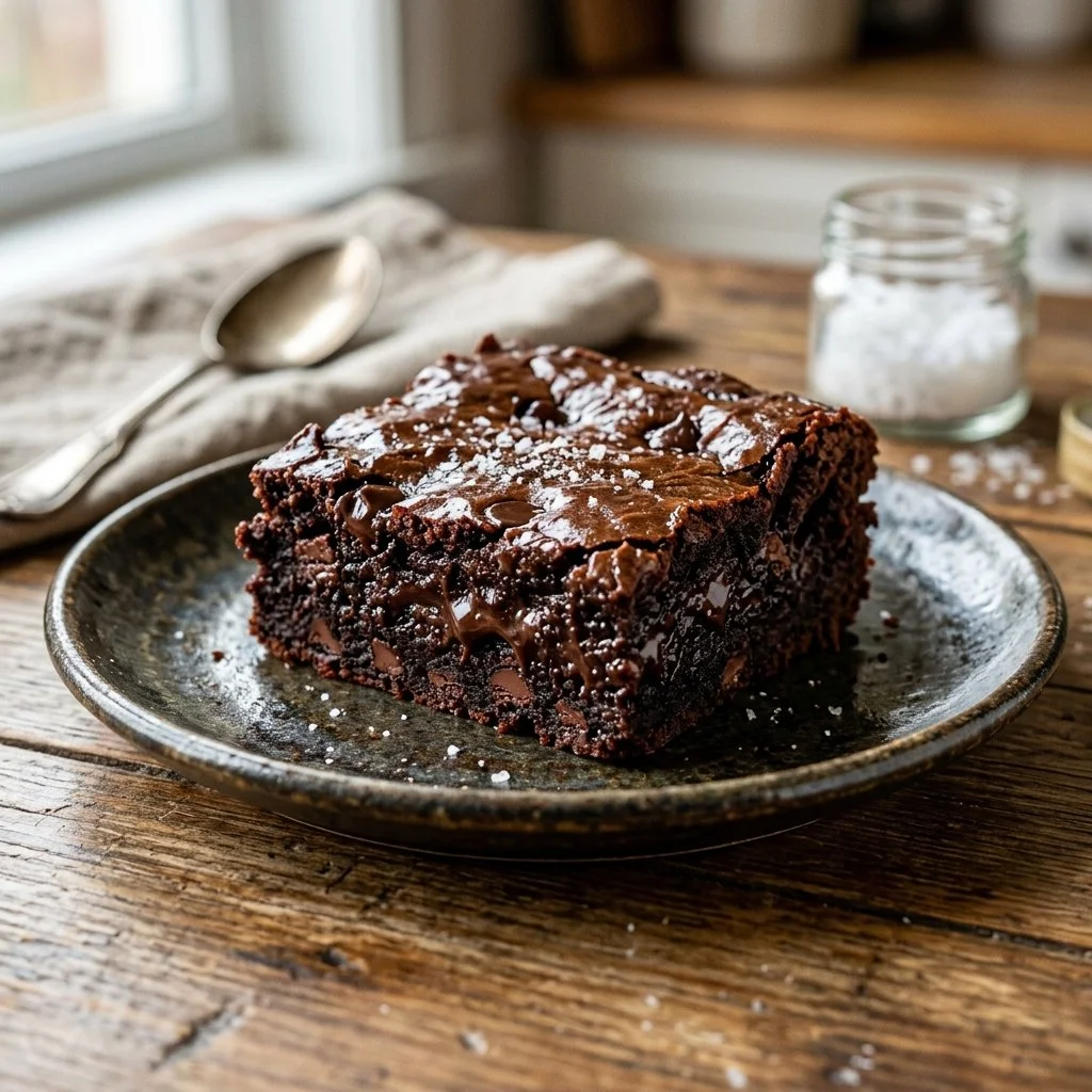Delicious high protein brownies on a plate with a chocolate drizzle